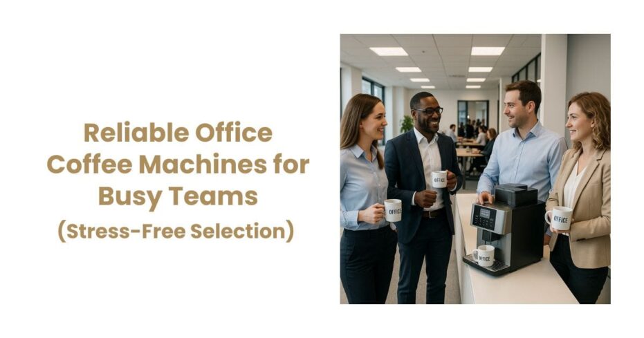 Admiral Vending - Blog - Reliable Office Coffee Machines for Busy Teams - Image of office members standing by coffee machine chatting and smiling