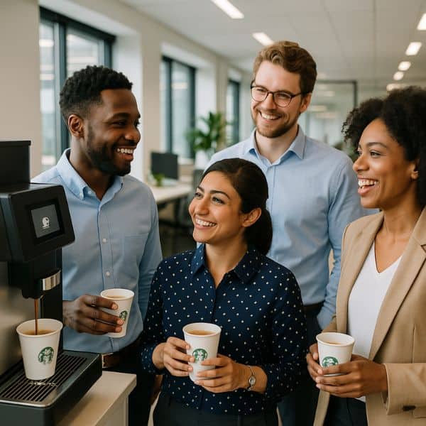 Admiral Vending - Blog - Ultimate Guide to Choosing the Best Office Coffee Machine for Your Workplace -Image of 4 office workers standing by coffee machine smiling