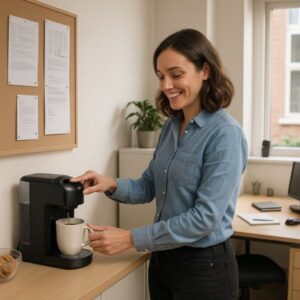 Admiral Vending - Blog - Ultimate Guide to Choosing the Best Office Coffee Machine for Your Workplace -Image of lady standing by a capsule coffee machine, she is smiling as it makes her coffee