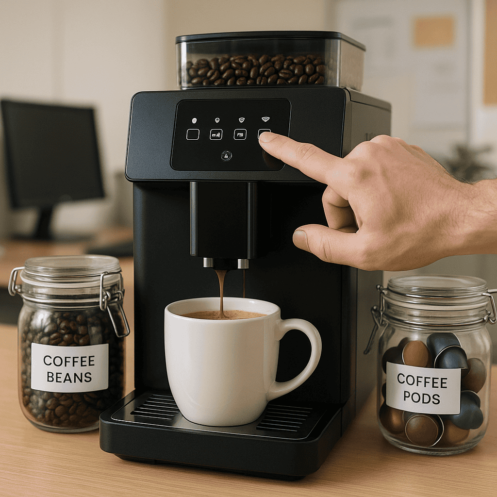 Budget-friendly workplace coffee station with mugs and mach