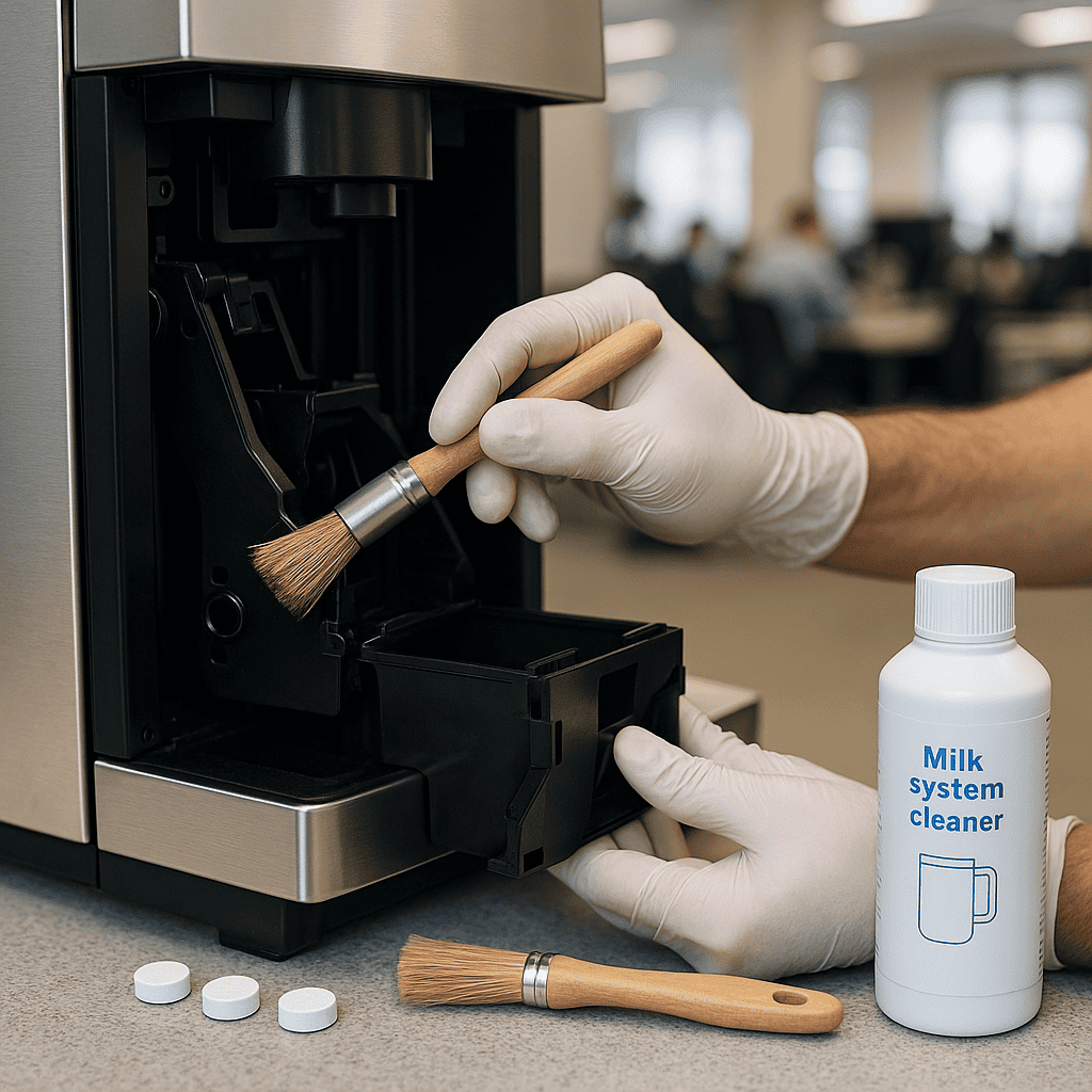 Cleaning a commercial office coffee machine to ensure hygiene and taste