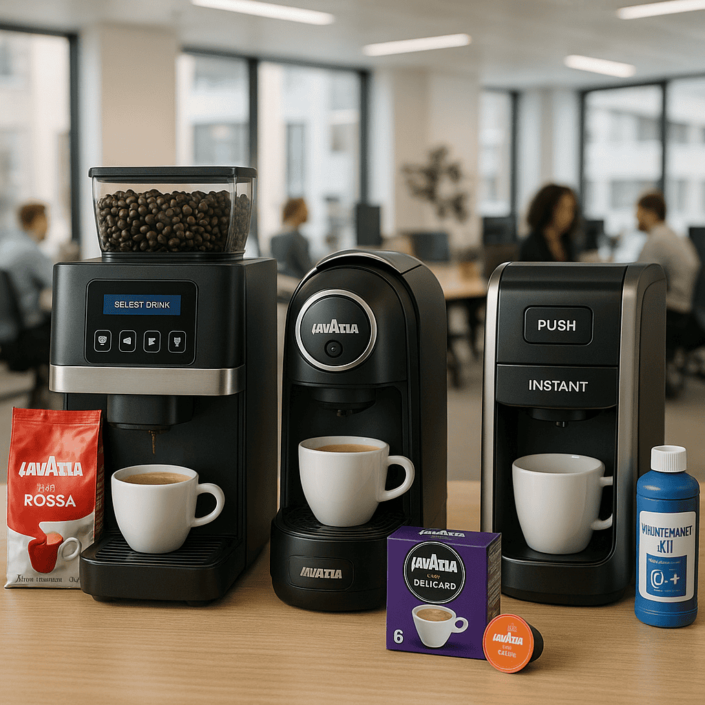 Commercial coffee machine setup in a modern office kitchen