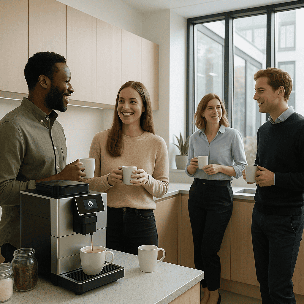 Energy-efficient office coffee machine in modern workplace kitchen