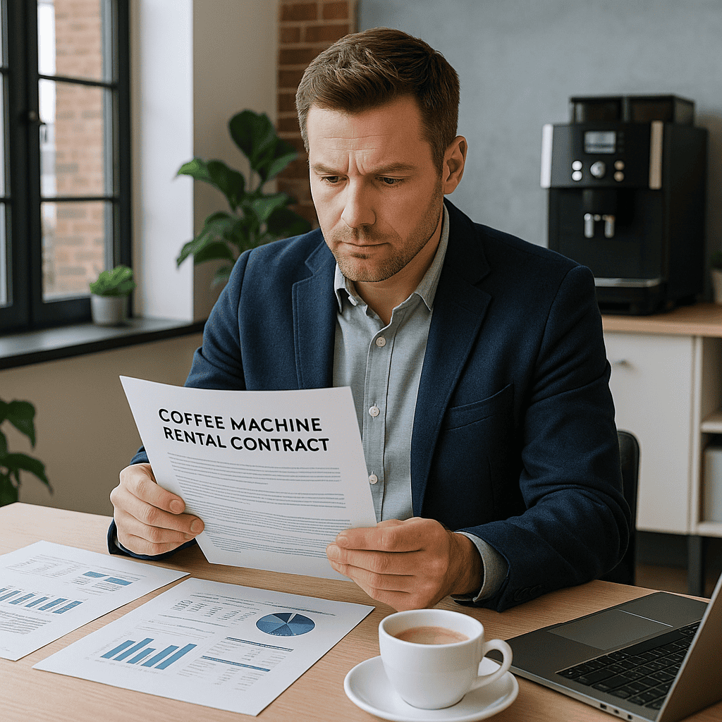 Business owner reviewing a guide to workplace coffee machines