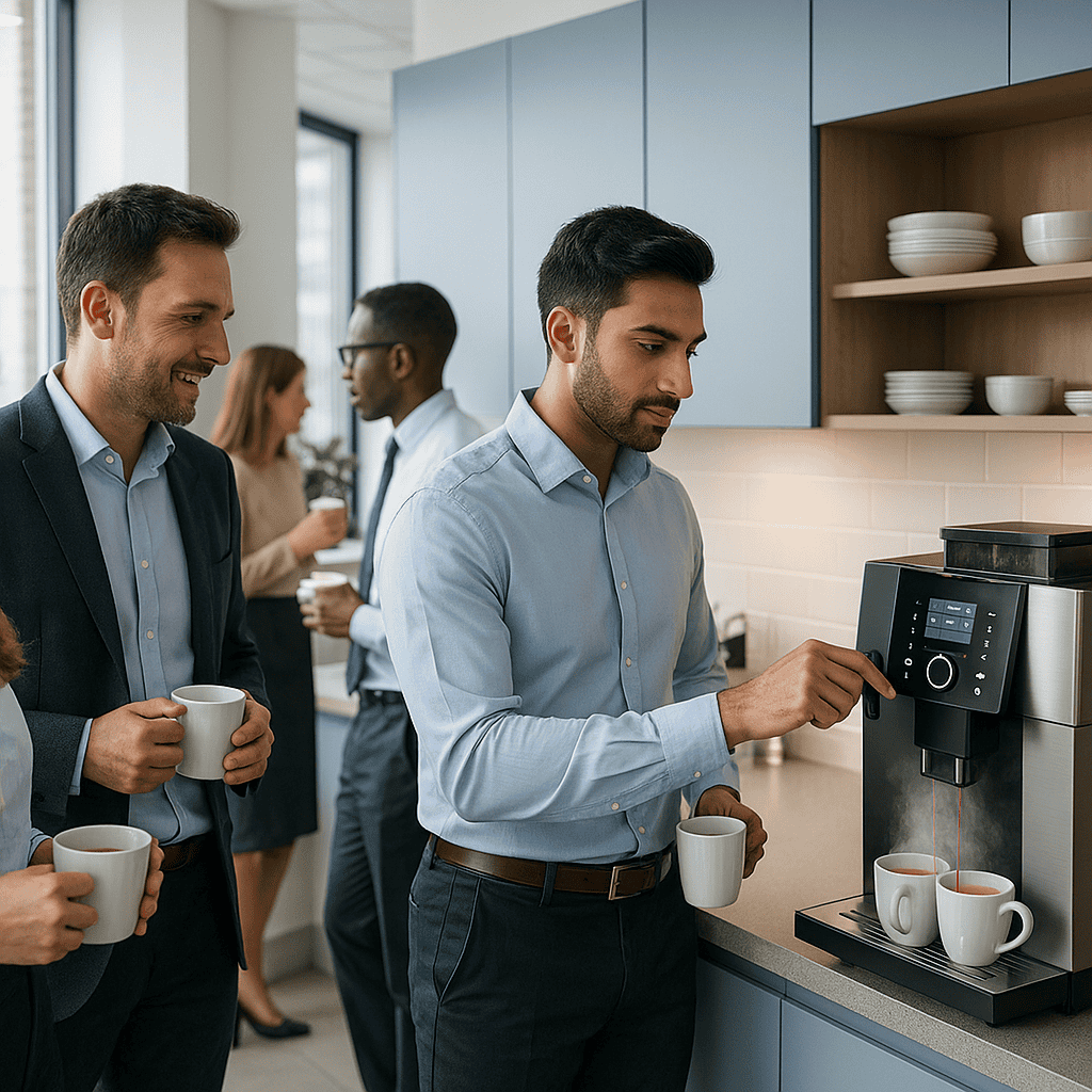 Office manager choosing the best coffee machine for workplace use