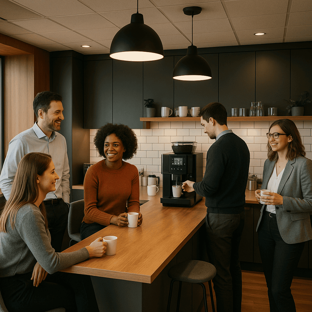 Office staff enjoying coffee break with fresh bean coffee machine