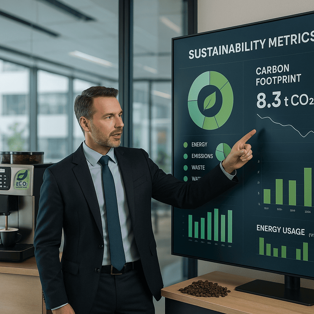 Sustainable office coffee setup featuring energy-saving equipment